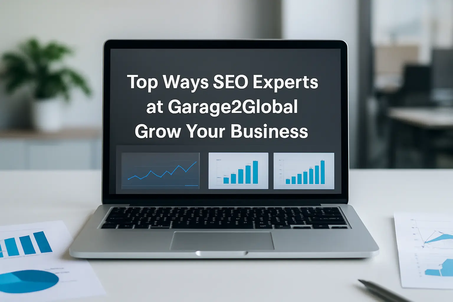 Laptop displaying SEO analytics charts with centered text saying “Top Ways SEO Experts at Garage2Global Grow Your Business” on a clean modern workspace.