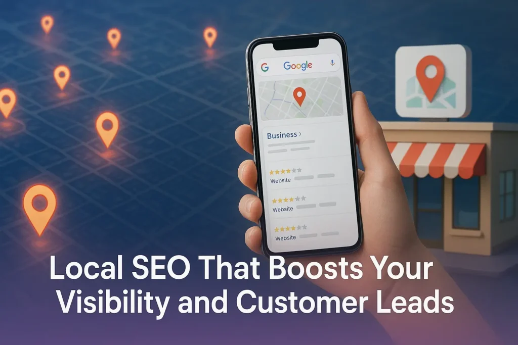 A city map with glowing location pins, a smartphone showing Google Maps business results, and the text “Local SEO That Boosts Your Visibility and Customer Leads” in the centre.