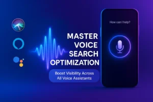Futuristic voice search optimization graphic featuring glowing soundwave, smartphone with mic icon, and Siri, Alexa, and Google Assistant icons on a blue-violet gradient background.