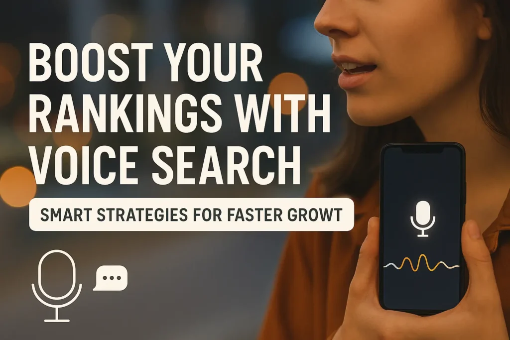 Woman speaking into a smartphone with city lights in the background, promoting Voice Search Optimization strategies for improving rankings.
