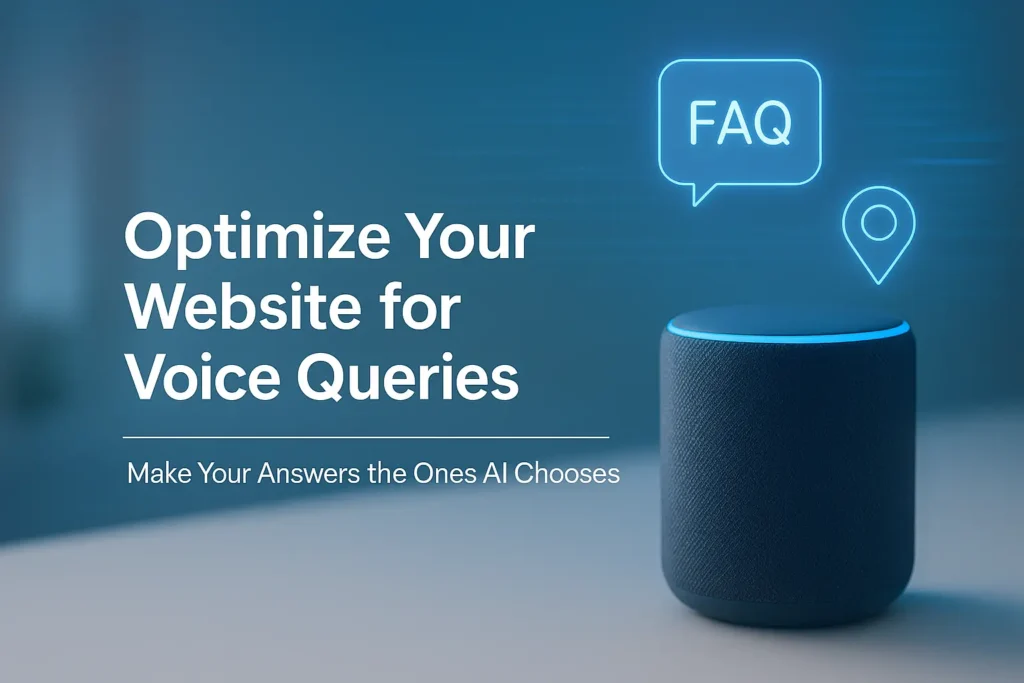 A smart speaker with glowing blue holographic icons illustrating Voice Search Optimization, with centered promotional text on a clean modern background.