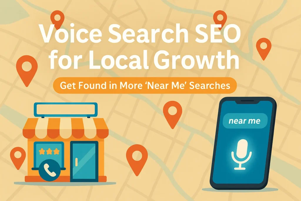 Illustration of voice search optimization showing a map with location pins, a local shop icon, and a smartphone with a glowing voice search interface.