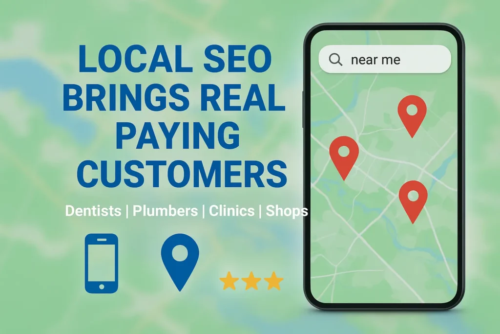 Local SEO graphic showing a smartphone with map pins and the text ‘Local SEO Brings Real Paying Customers’ for businesses like dentists, plumbers, clinics, and shops.