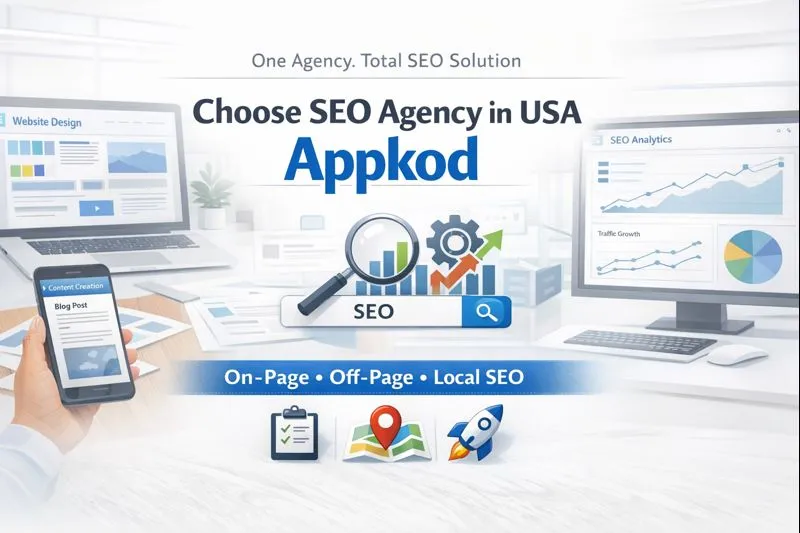 Graphic showing services offered by SEO Agency in USA Appkod, including website design, content creation, and SEO analytics, emphasizing on-page, off-page, and local SEO.