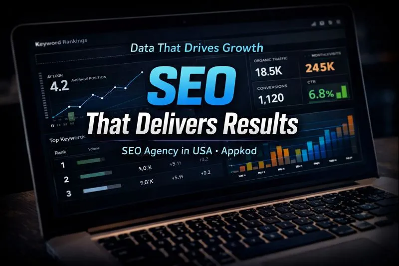 Laptop displaying SEO dashboards and analytics with charts, representing SEO Agency in USA Appkod’s data-driven approach to improving rankings and online growth.