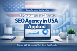 Laptop displaying analytics charts in a modern office, representing SEO Agency in USA Appkod's strategies for online growth.