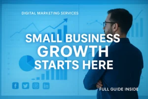 A small business owner reviewing rising analytics graphs on a digital dashboard with blue and white corporate design, promoting Digital Marketing Services.