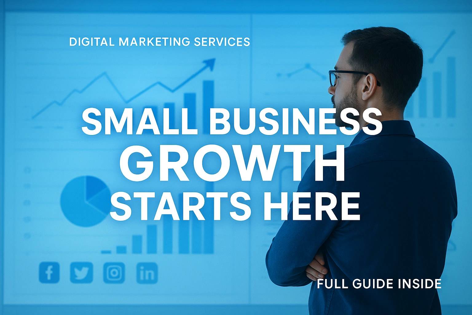 A small business owner reviewing rising analytics graphs on a digital dashboard with blue and white corporate design, promoting Digital Marketing Services.