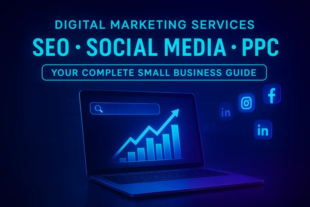 High-tech futuristic design showing Digital Marketing Services with SEO, Social Media, and PPC icons, featuring a laptop with rising ranking arrows in a neon theme.