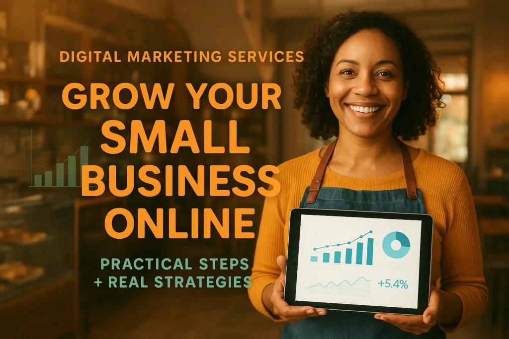Small business success digital marketing image showing a business owner holding a tablet with marketing results, promoting digital marketing services to grow your small business online.