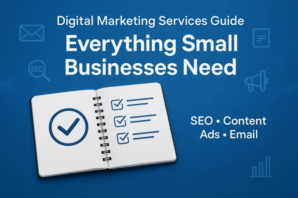 Professional digital marketing services guide image showing a notebook checklist and marketing icons, designed to help small businesses understand digital marketing services for growth.