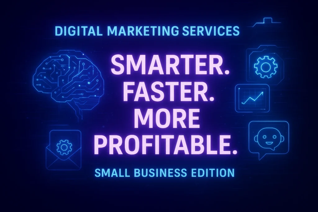 Futuristic Digital Marketing Services banner with AI brain graphic, holographic marketing icons, and glowing text saying ‘Smarter, Faster, More Profitable’ for small business marketing.