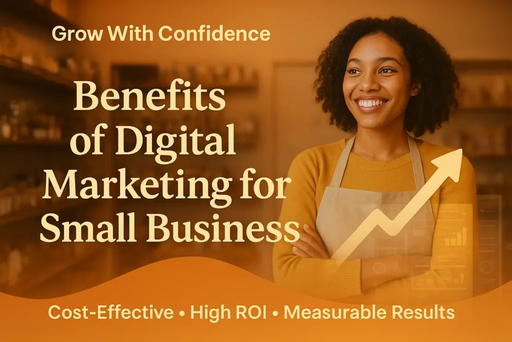 A smiling small business owner standing with folded arms in a shop, with text highlighting the benefits of digital marketing services for small businesses.