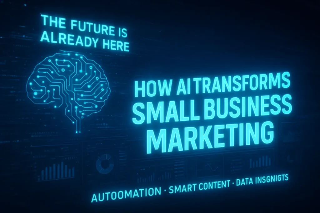 AI digital marketing graphic showing how artificial intelligence transforms small business marketing with automation, smart content, and data insights.