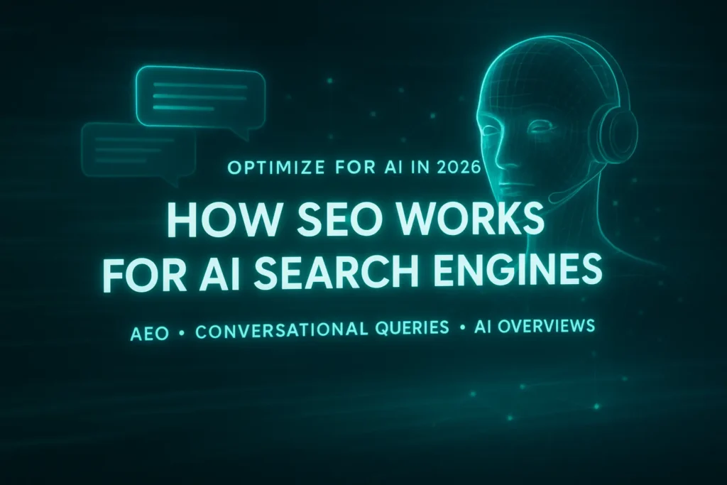 Futuristic SEO-themed graphic with glowing AI elements and centered headline “How SEO Works for AI Search Engines,” representing modern SEO terms.