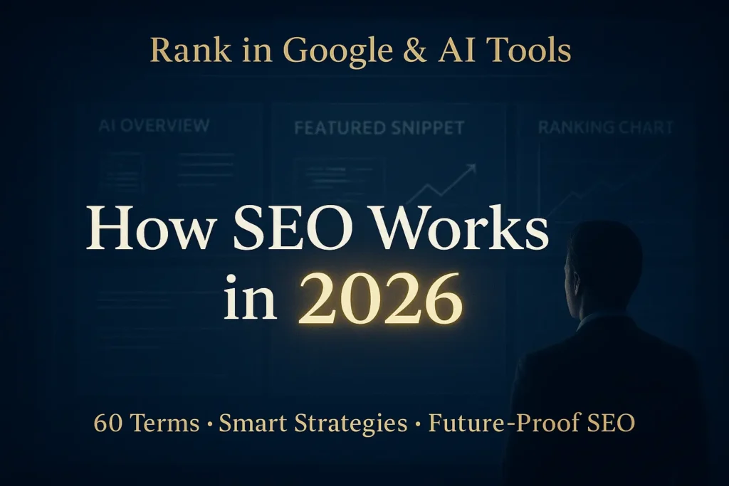 A business professional looking at a digital dashboard displaying AI Overviews, featured snippets, and ranking charts, representing SEO terms and how SEO works in 2026.