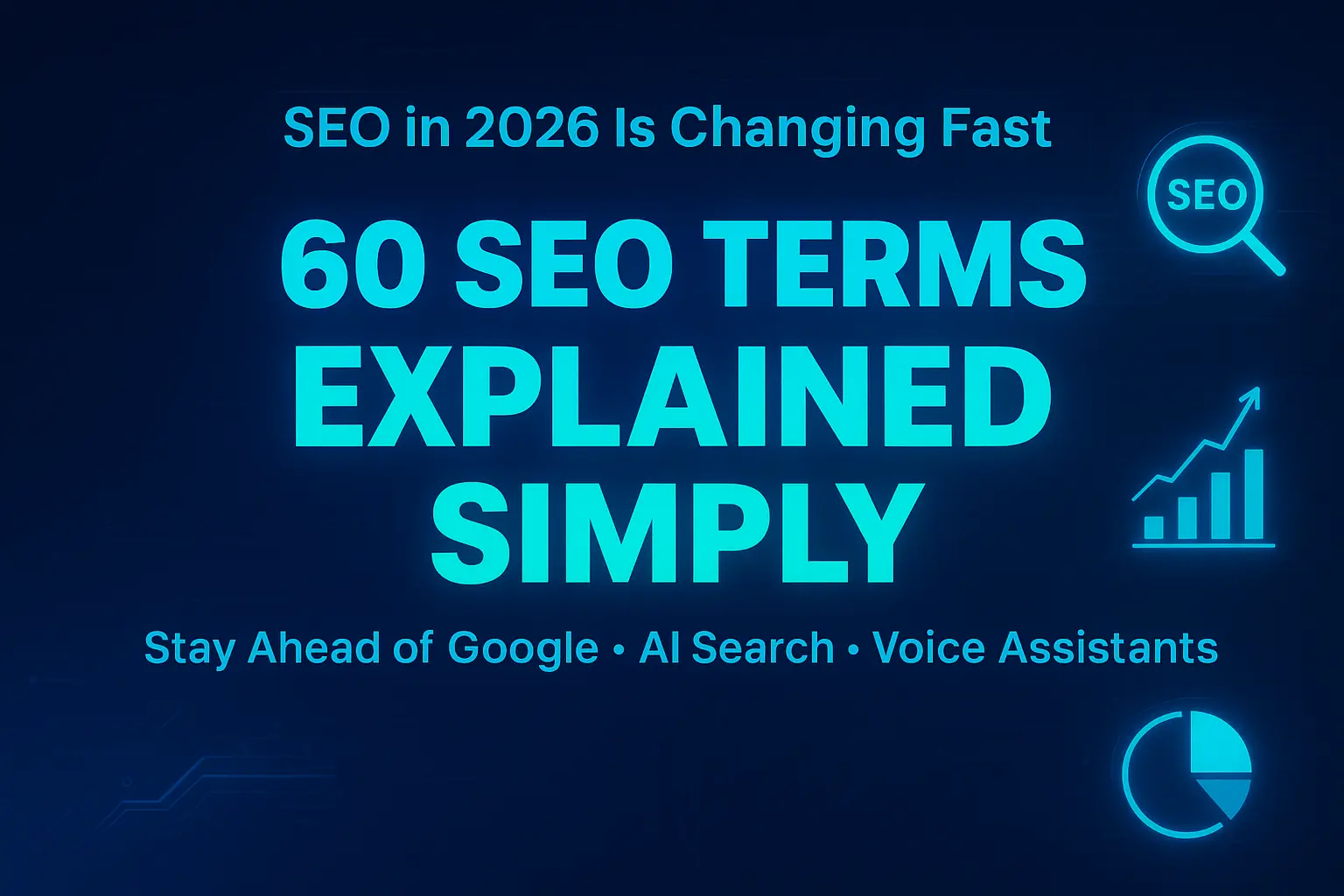 Futuristic blue digital background with glowing SEO icons and centered text saying “60 SEO Terms Explained Simply” for an SEO learning guide.
