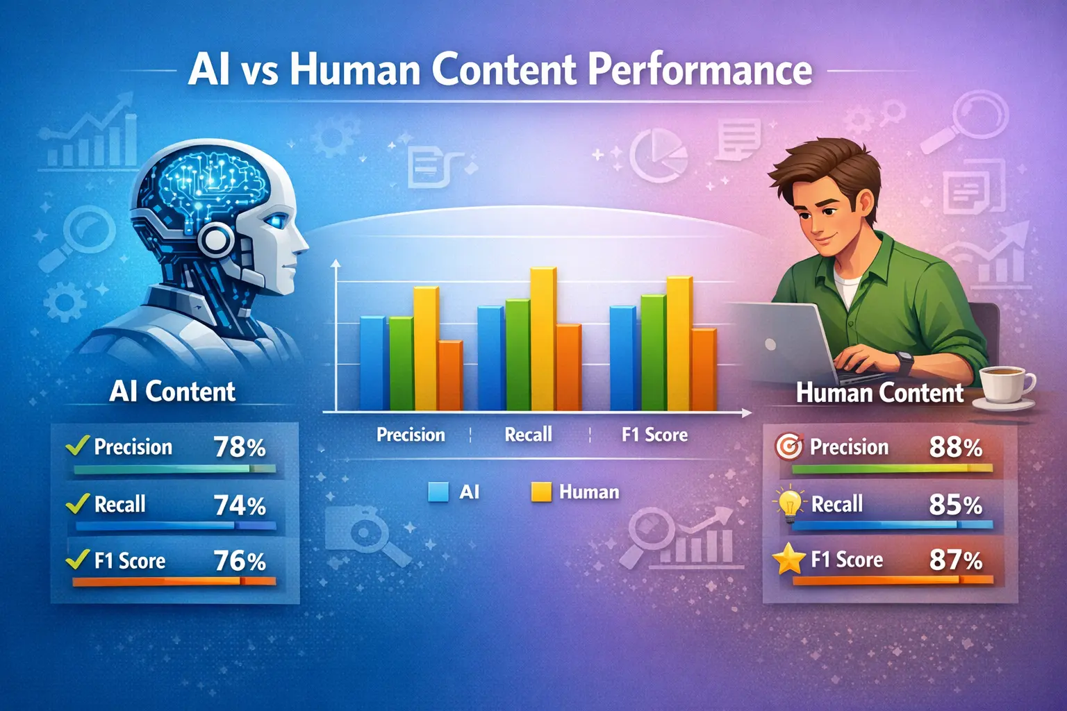 Infographic showing AI vs human content performance with precision, recall, and F1 score metrics for evaluating SEO content quality