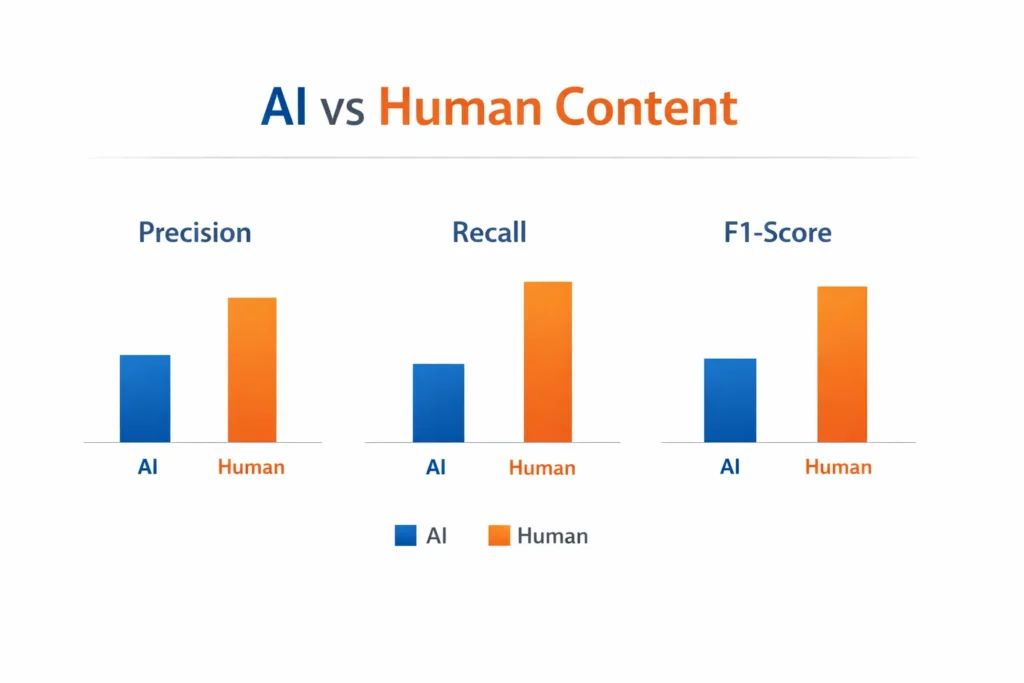 Bar chart infographic comparing AI and human content showing Precision, Recall, and F1-Score metrics for SEO performance analysis