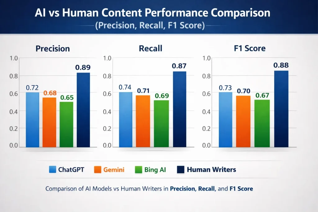 Bar chart comparing AI content (ChatGPT, Gemini, Bing AI) with human-written content showing Precision, Recall, and F1 Score metrics.