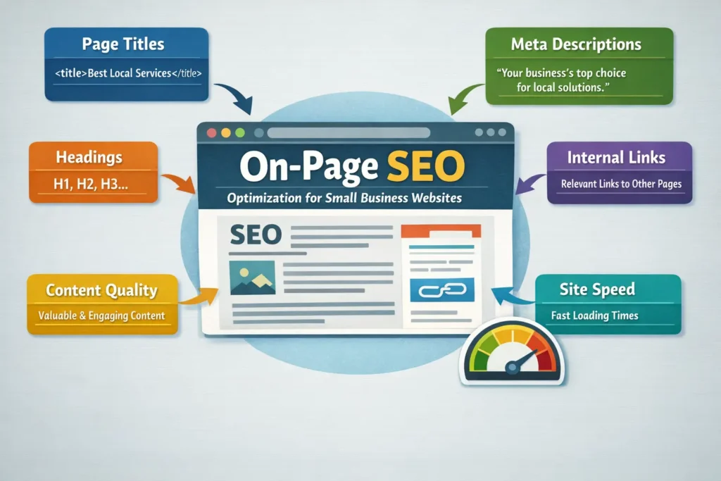 On-page SEO elements like page titles, meta descriptions, headings, internal links, and technical SEO for small businesses’ Affordable SEO Services